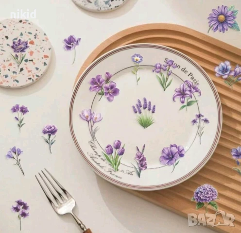 50 бр прозрачни лилави цветя самозалепващи лепенки стикери за украса декор картонена торта и др, снимка 4 - Други - 51254460