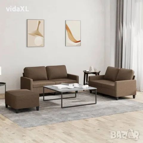 vidaXL Комплект дивани от 3 части с възглавници, кафяв, плат, снимка 2 - Дивани и мека мебел - 56146682