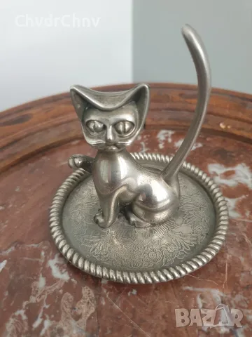 Котка 9см/стара китайска посребрена метална фигурална чинийка за бижута/златни-сребърни пръстени