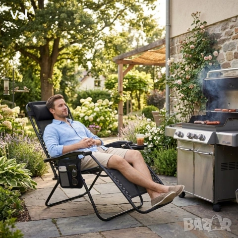 Сгъваем градински шезлонг с възглавница, поставка за напитки и джоб, снимка 2 - Градински мебели, декорация  - 53822012