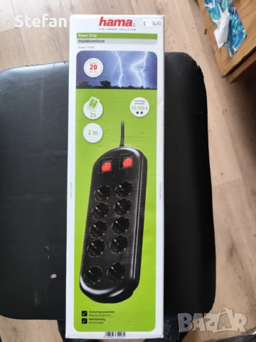 Разклонител HAMA Power strip, 10 гнезда, 1.4м, Допълнителен контакт, Бутони вкл/изкл.