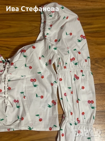 Уникален кукленски топ буфан ръкав бюстие памук ,памучно елегантно бяло с черешки череши, снимка 5 - Рокли - 41318024