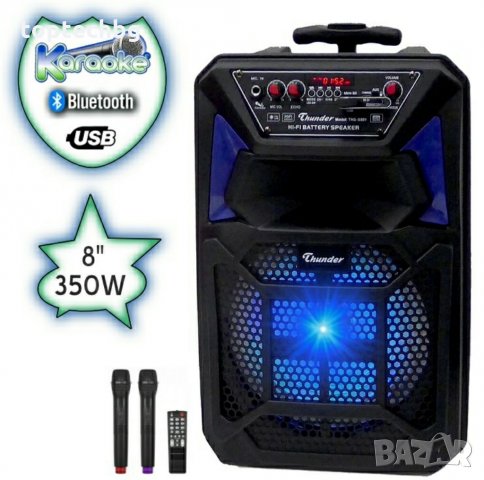 Караоке Тонколона 8 инча Thunder, два Безжични Микрофона, акумулаторна батерия, Bluetooth, FM радио,, снимка 1 - Караоке - 30929285