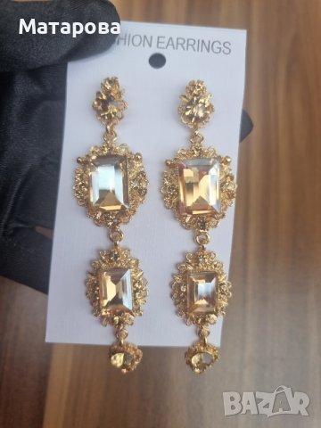Ефектни висящи златисти обеци с камъни - модел 35, снимка 1