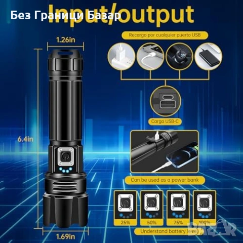 Нов мощен LED фенер 500000 лумена XHP70.2 акумулаторен IP67 USB-C, снимка 7 - Други стоки за дома - 53036152