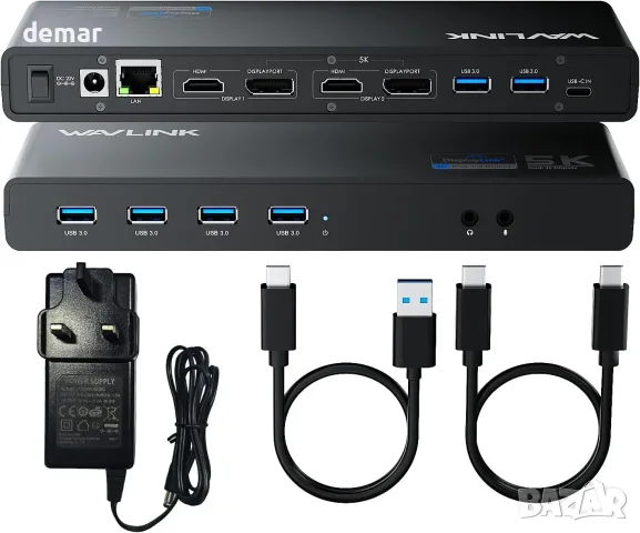 WAVLINK USB-C DisplayLink Docking Station с 2× HDMI/DP, Gigabit Ethernet и 6× USB 3.0
