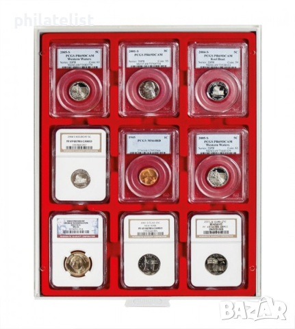 Lindner MB кутия в червен цвят PVC за 9 сертифицирани монети / монетни карти