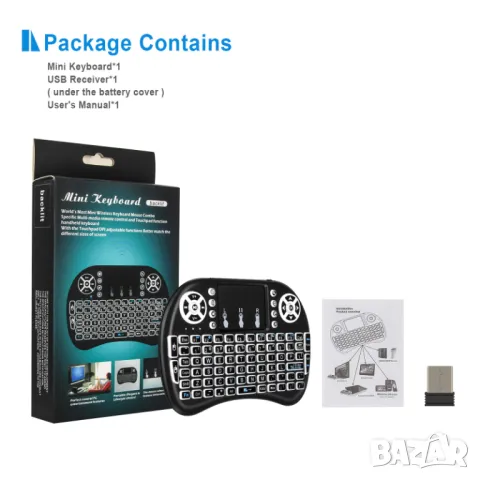 Мини безжична клавиатура с тъчпад, 3-цветно осветление, за Smart TV Android, Компютър , снимка 4 - Клавиатури и мишки - 48310694