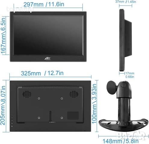 Чисто нов Kenowa 13.3-инчов малък HDMI PC монитор HD 1366x768P LED екран HDMI/VGA/BNC/USB/AV порт..., снимка 8 - Монитори - 52804973