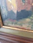 70х60см/стара голяма картина масло върху платно/селски пейзаж/къщи-път-дървета/дървена рамка, снимка 6