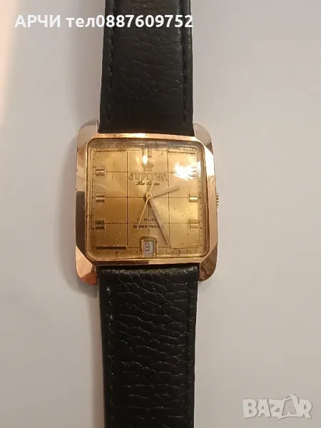 SWISS Ръчен мъжки швейцарски часовник Юпитер Jupiter Датник 17 камъни модел 1950г. кожена каишка, снимка 1
