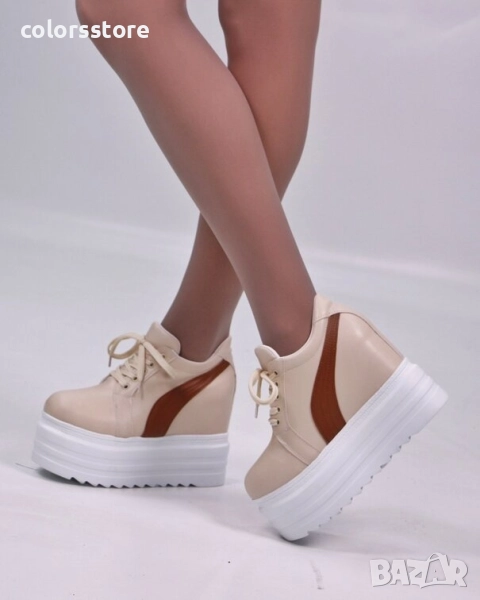 Кецове на платформа - бежови с кафява лента - SJN56 , снимка 1