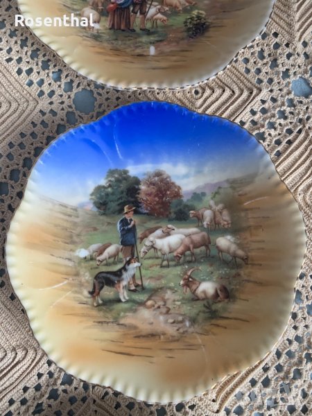 Антикварен десертен сервиз с пасторални картини, снимка 1