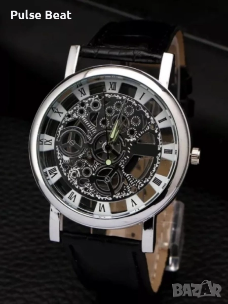 Изискан прозрачен мъжки ръчен часовник с кварцов механизъм и кожена каишка , снимка 1