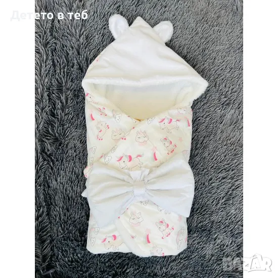 Порт бебе с качулка - еднорог с бяла кохавлия -75/75, снимка 1