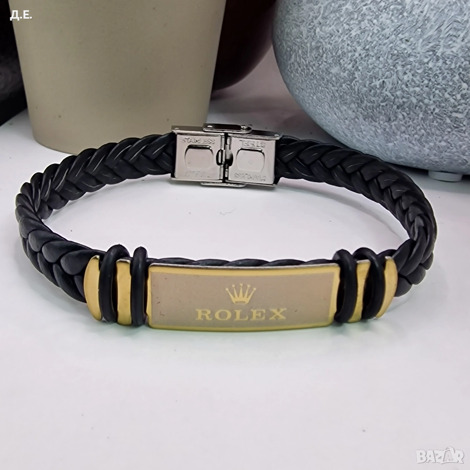 Мъжка кожена гривна Rolex, медицинска стомана, снимка 1