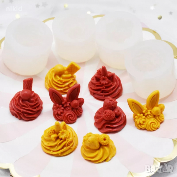 Крем за кексче с плодове и заешки уши силиконов молд форма фондан шоколад смола свещ декор, снимка 1