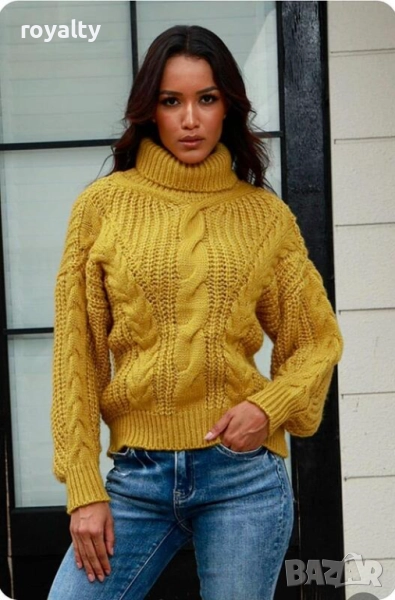 Дамски жълт пуловер ръчно плетиво, снимка 1