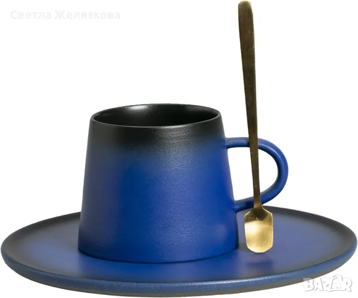 Комплект чаша за кафе, чинийка и златиста лъжица, снимка 1