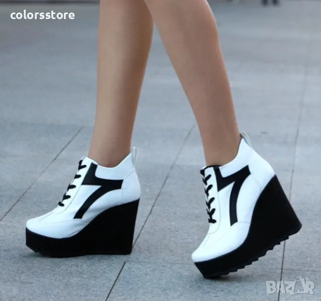 Кецове на платформа - бяла кожа с черна лента и черно ходило - NO4, снимка 1