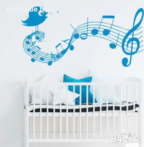 Стикер за стена "Пееща птичка върху петолиние" , снимка 4 - Декорация за дома - 48008641