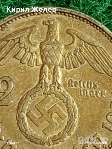 Сребърна монета 2 райхсмарки 1938г. Германия Трети Райх с Свастика за КОЛЕКЦИОНЕРИ 51266, снимка 3 - Нумизматика и бонистика - 53616326