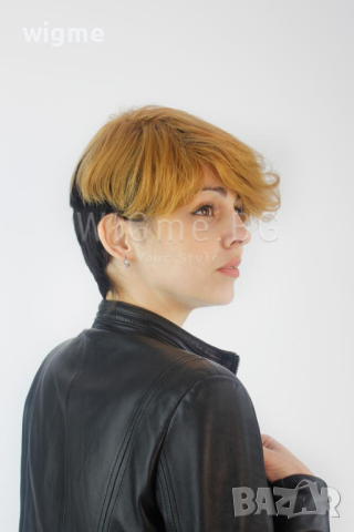 Къса перука от ЕСТЕСТВЕН косъм в русо и черно с бретон Регина, снимка 5 - Аксесоари за коса - 44616094