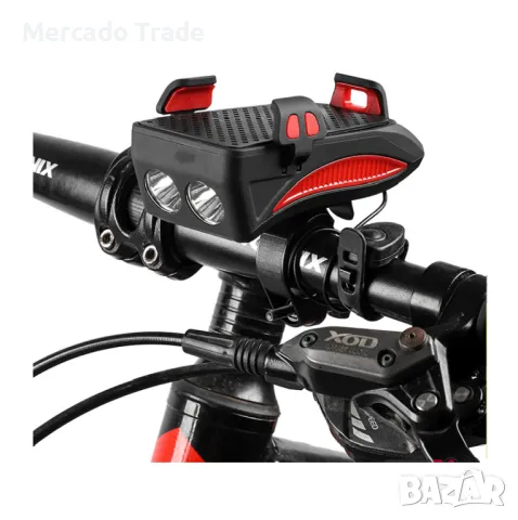 Фар за колело 4 в 1, С поставка, Зарядно, Сирена, Черен, снимка 2 - Аксесоари за велосипеди - 36134273