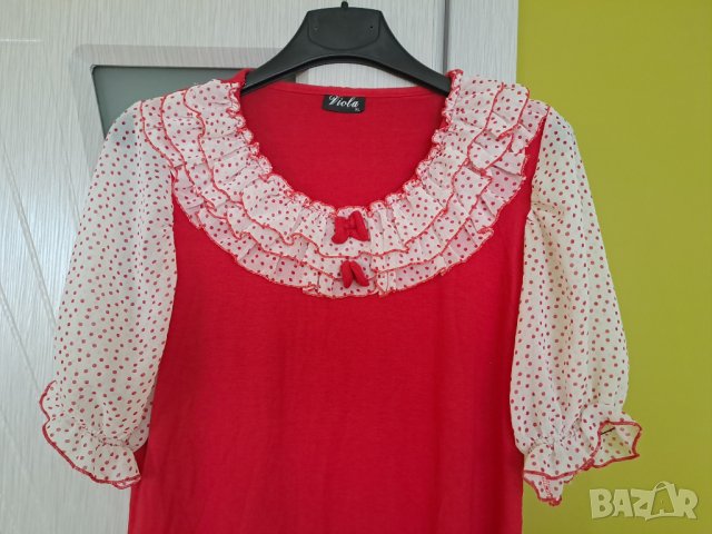 Дамска блуза червена с къдрички на точки Viola, снимка 2 - Блузи с дълъг ръкав и пуловери - 41896485