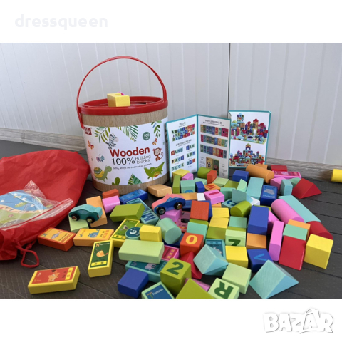 4124 Комплект от 50 части цветни дървени блокчета конструктор с кофа за съхранение, снимка 8 - Конструктори - 44614596