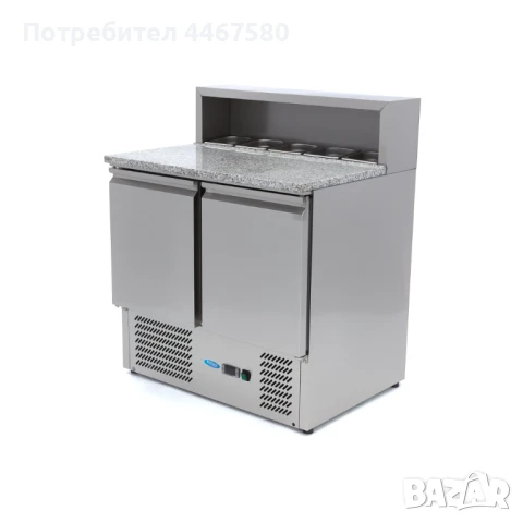 Професионална хладилна маса с GN витрина – 285 литра, 0°C до +10°C, 5 контейнера GN 1/6