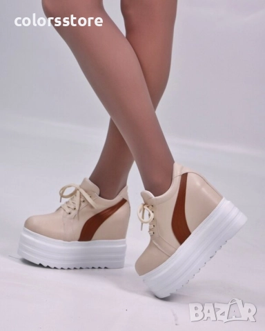 Кецове на платформа - бежови с кафява лента - SJN56 