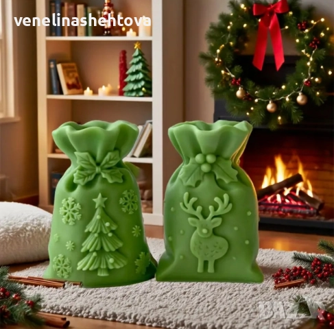 3D коледен чувал 2 модела с елха елен Силиконов молд форма за свещи гипс сапун смола , снимка 3 - Форми - 51658541