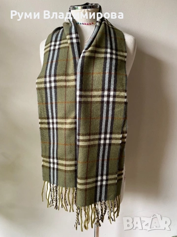 Тютюнево зелен, кариран шал от 100 % кашмир, снимка 2 - Шалове - 53423856