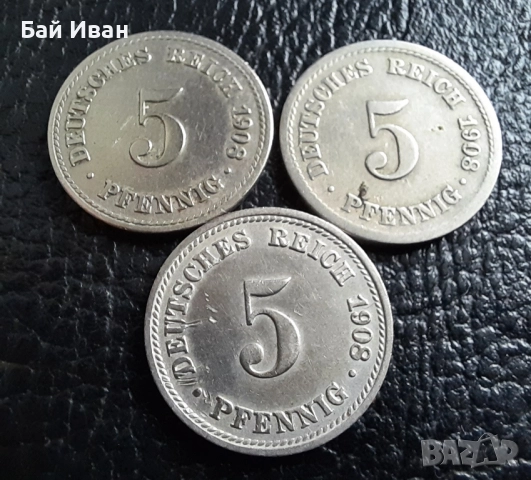 Стара монета 5 пфенига 1908 г. букви A , D и F - Германия -три разновидности !, снимка 15 - Нумизматика и бонистика - 39779148