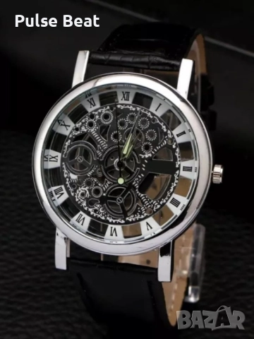 Изискан прозрачен мъжки ръчен часовник с кварцов механизъм и кожена каишка 