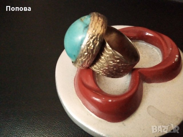 Винтидж дизайнерски сребърен пръстен с естествен тюркоаз и позлата, снимка 3 - Пръстени - 33975639