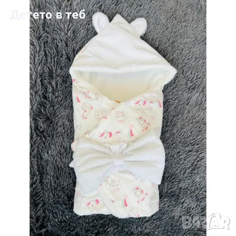 Порт бебе с качулка - еднорог с бяла кохавлия -75/75, снимка 1