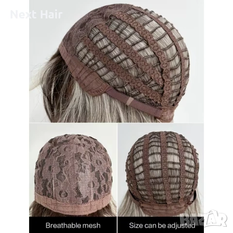 Чуплива сребристо-сива омбре перука с тъмни корени и дълъг бретон 65 см, снимка 4 - Аксесоари за коса - 53522743