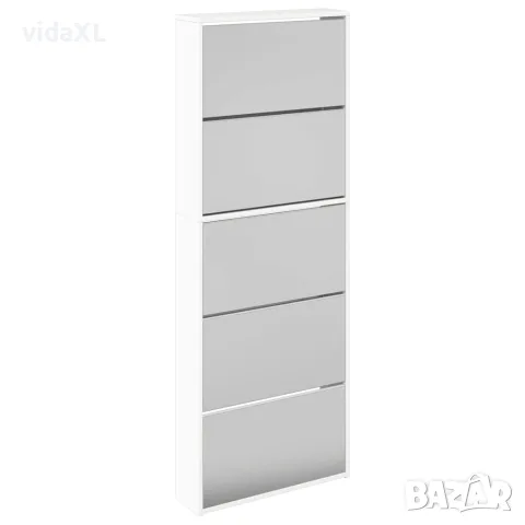vidaXL Шкаф за обувки с огледало, 5 нива, бял гланц, 63x17x169,5 см