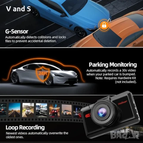 Видеорегистратор за автомобили отпред и отзад, 2.5K/1080P камера, безплатна карта 64GB, вграден WiFi, снимка 6 - Камери - 50703921