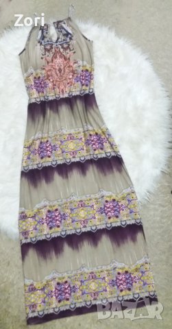 КРАСИВА дълга рокля в пейсли принт с презрамки от сребристи синджирчета