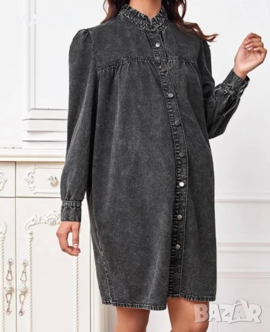 Макси модерна дънкова рокля с метални копчета в изтъркано черно, снимка 3 - Рокли - 40812791