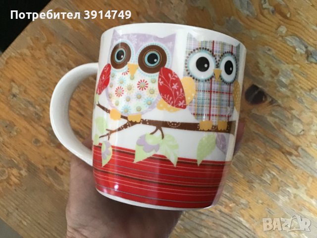 Чаша керамична за кафе, чай с артизански принт на Бухал / Сова, 320 мл, НОВА