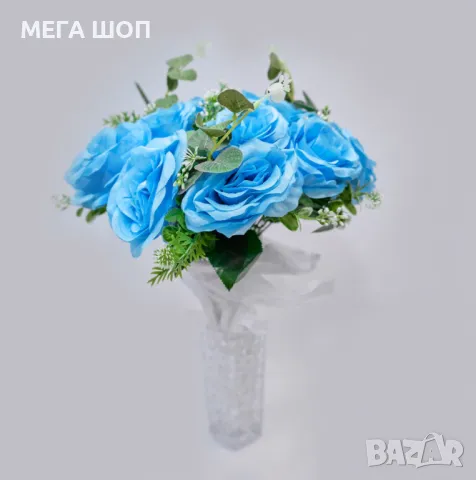 Изкуствени букети с рози и евкалиптови листа – Елегантна украса с дълготраен ефект, снимка 2 - Изкуствени цветя - 50346299