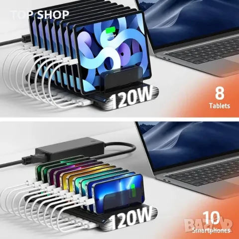Alxum USB зарядна станция, 120 W 10 портова станция за бързо зареждане, снимка 7 - Друга електроника - 48787412