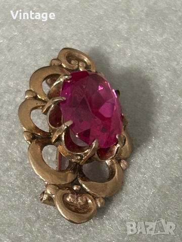 Антикварна съветска сребърна позлатена брошка с рубин , снимка 3 - Колиета, медальони, синджири - 53328876