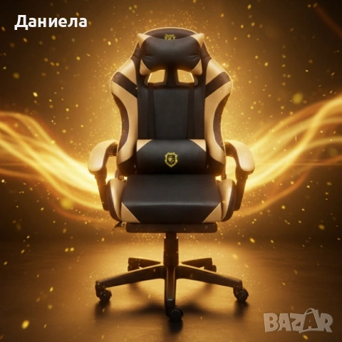 Геймърски стол с масажна функция, лумбална възглавница и поставка за крака – Черен-златист, снимка 2 - Столове - 53442311
