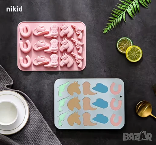 Каубой подкова Каубойска шапка ботуш кон пистолет силиконов молд форма фондан шоколад декор гипс, снимка 2 - Форми - 50761761