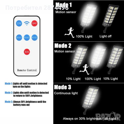 W789B-6 Улична лампа със соларен панел и сензор на движение, снимка 8 - Соларни лампи - 41704539